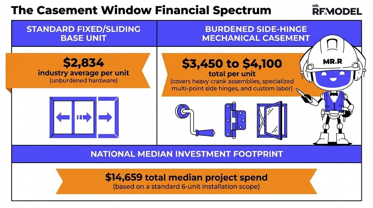 A 2026 visually striking financial matrix infographic charting per-unit costs for standard glass ($2,834) versus mechanical casements ($3,450-$4,100) and the $14,659 national median project ticket.